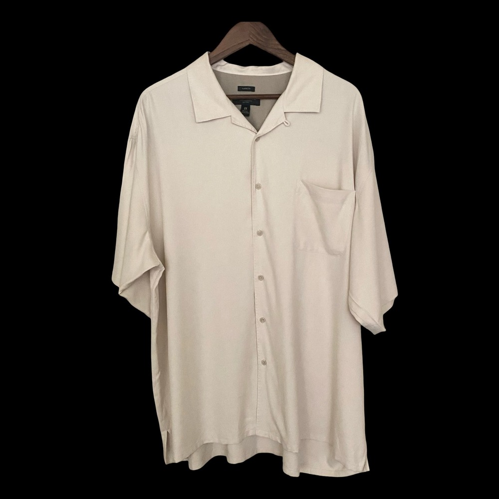Pronto Uomo 100% Silk Camp Shirt Mens 2X Ivory Button Front Pocket Quiet Luxury